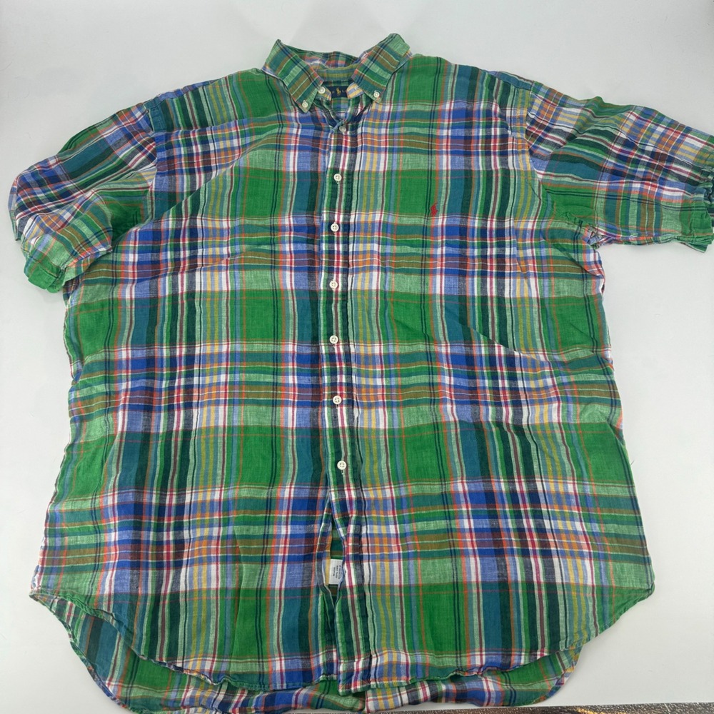Polo Ralph Lauren Mens 2XLT Tall Green Plaid 100% Linen Short Sleeve Shirt